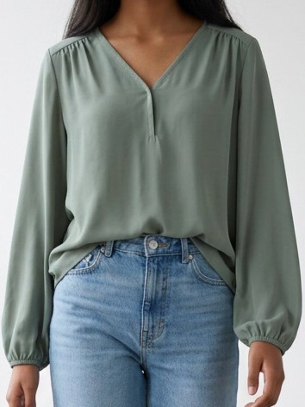 Pleione Sage Green V-Neck Blouse